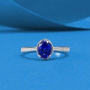 Vintage Style Oval Blue Sapphire & CZ Accent Sterling Silver Ring (Size 5)